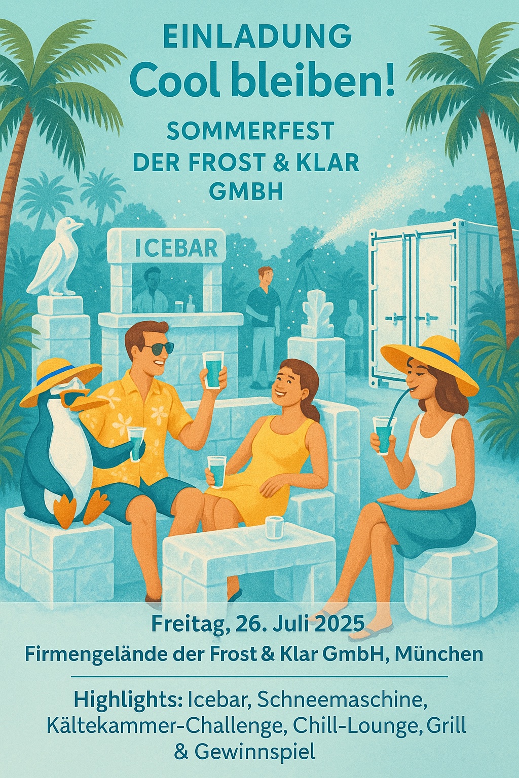 Das Bild zeigt die Einladungskarte für das Sommerfest der Forst & Klar GmbH. Darauf zu sehen sind Mitarbeiter des Unternehmen