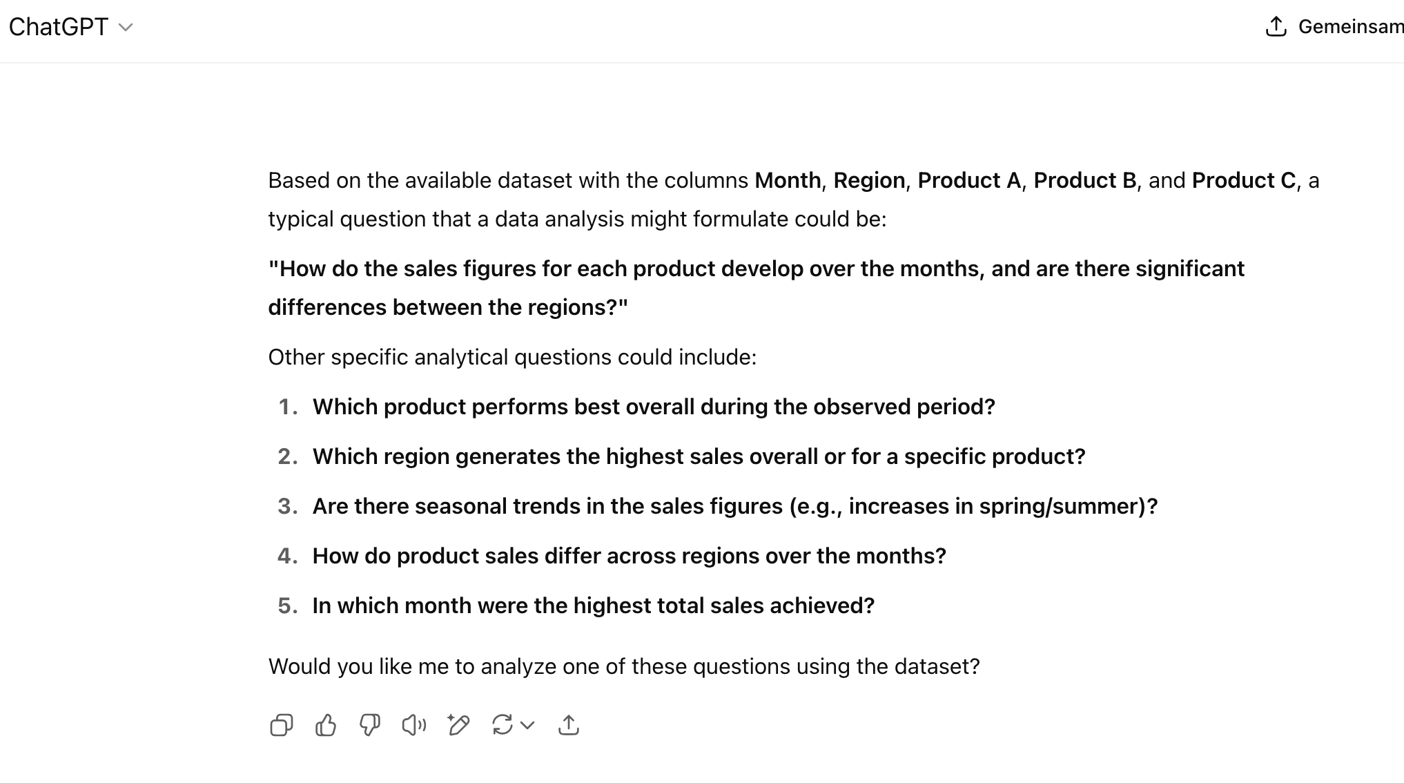 Fragen, die ChatGPT in der Rolle eines Datenanalyst erstellt hat