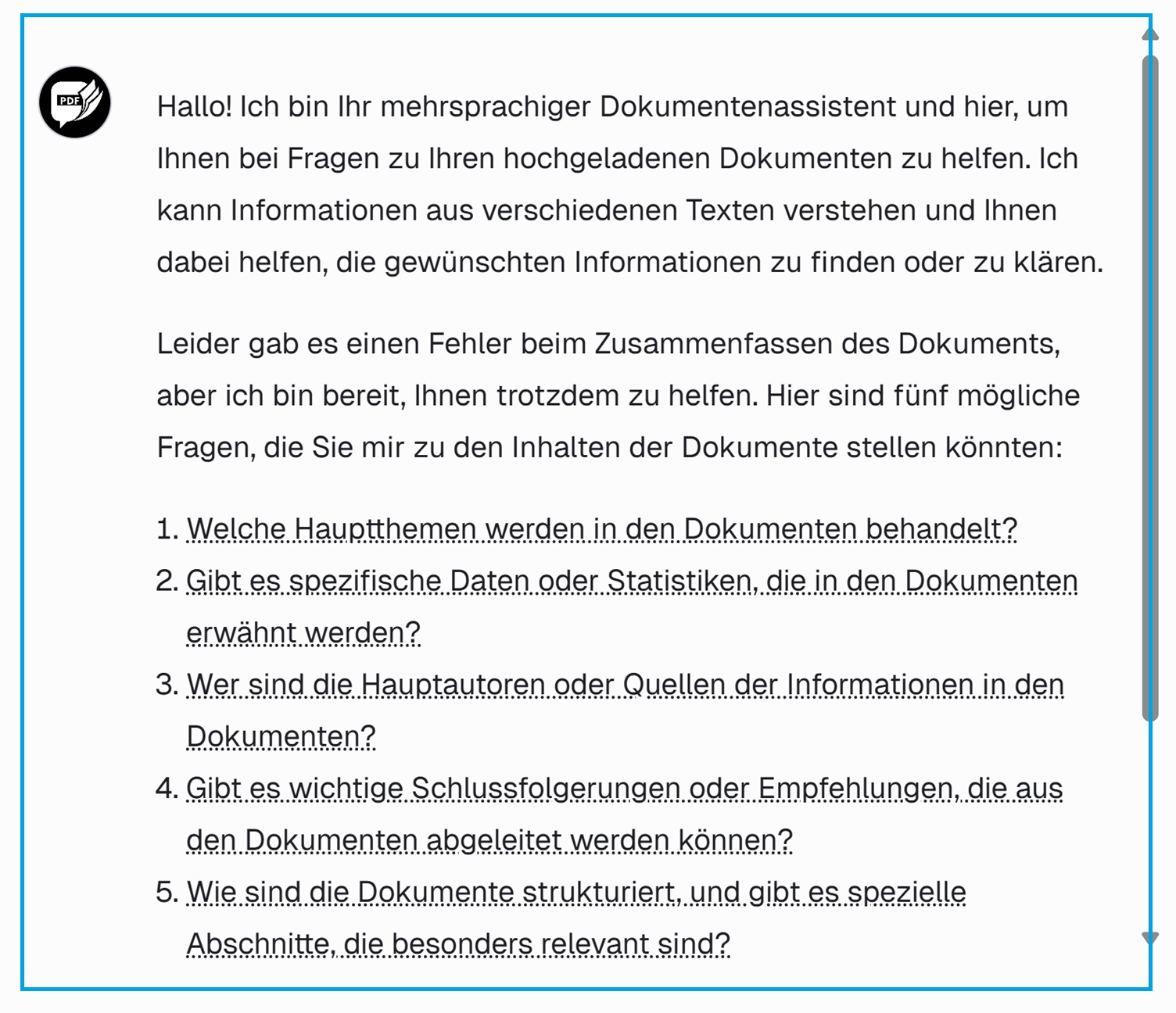 AskYourPDF 1.Antwort